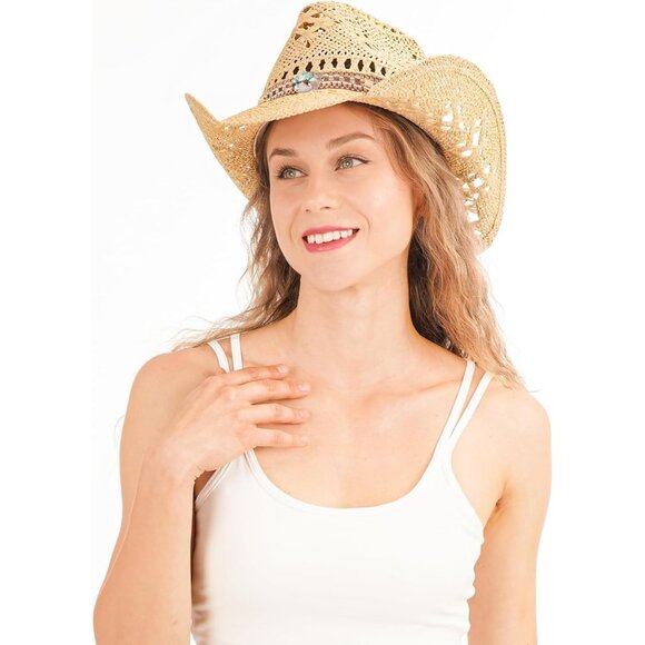 Women's Straw Wide with Shapeable Brim Cowboy Hat White/Beige + Chains Hat - Picture 5 of 6